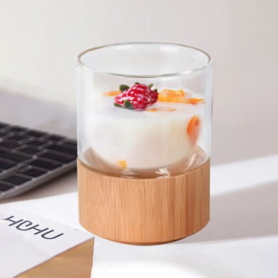 Double Wall Glass Cup with Bamboo Bottom Clear