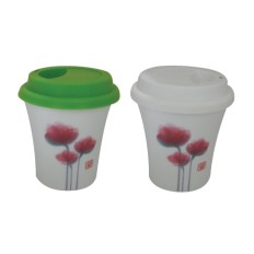 Promotion double wall ceramic mug with silicon lid