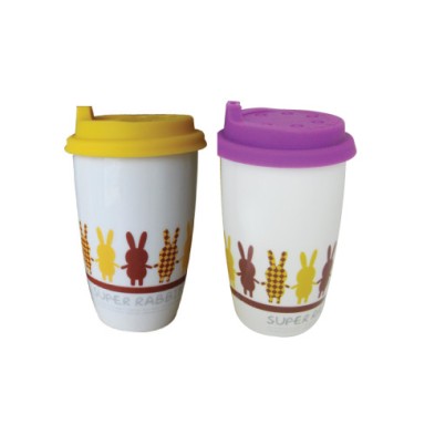 Promotion double wall ceramic mug with silicon lid