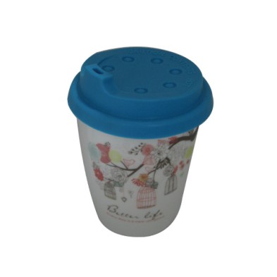 Promotion double wall ceramic mug with silicon lid