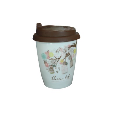 Promotion double wall ceramic mug with silicon lid