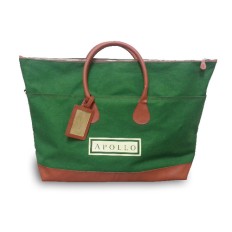 Canvas casual hand bag with leather handle and tag