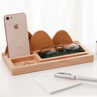 Bamboo Wood Office Desk Organizer Mobile Phone Stand