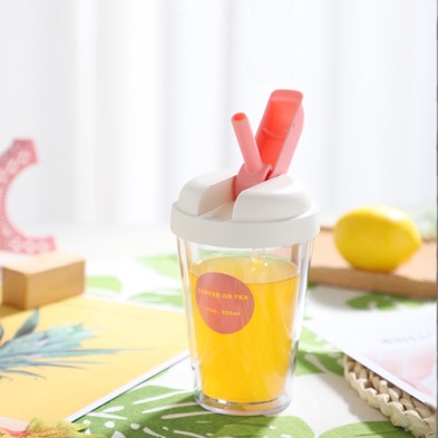 Double Wall Plastic Straw Cup with Lid 320ml