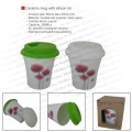 Promotion double wall ceramic mug with silicon lid